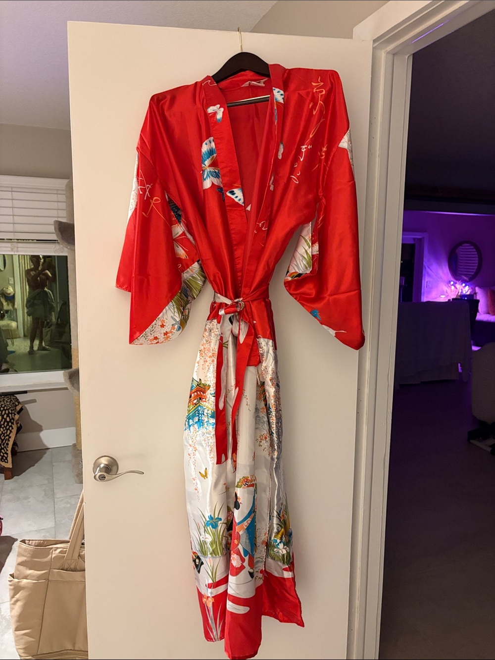 Red Floral Satin Kimono Robe with Belt